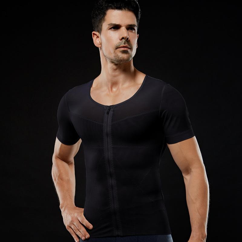 New men's breathable zipper high elastic pressure tight-fitting waist waist mesh invisible body shaping short sleeves